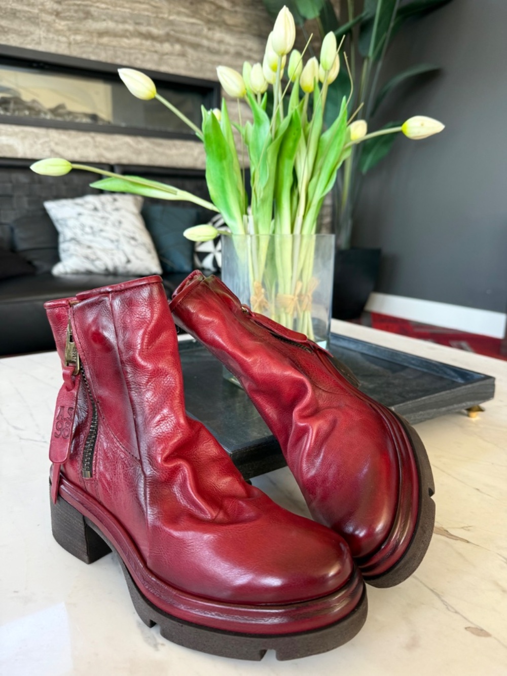 New A.S.98 Eire Ankle Zip Leather Boots Red - Picture 14 of 16